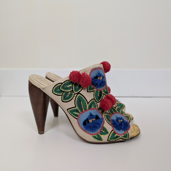Tory Burch Multicolor Leather and Embroidered Fabric Pom Pom Open Toe Mules - Picture 3 of 11